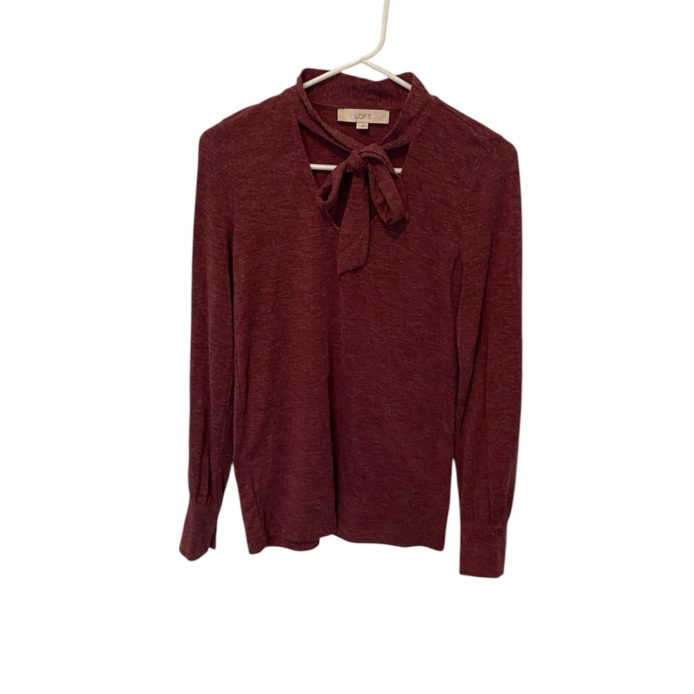 LOFT Burgundy Heather Tie Neck Long Sleeve Shirt Sweater, Women's size S…